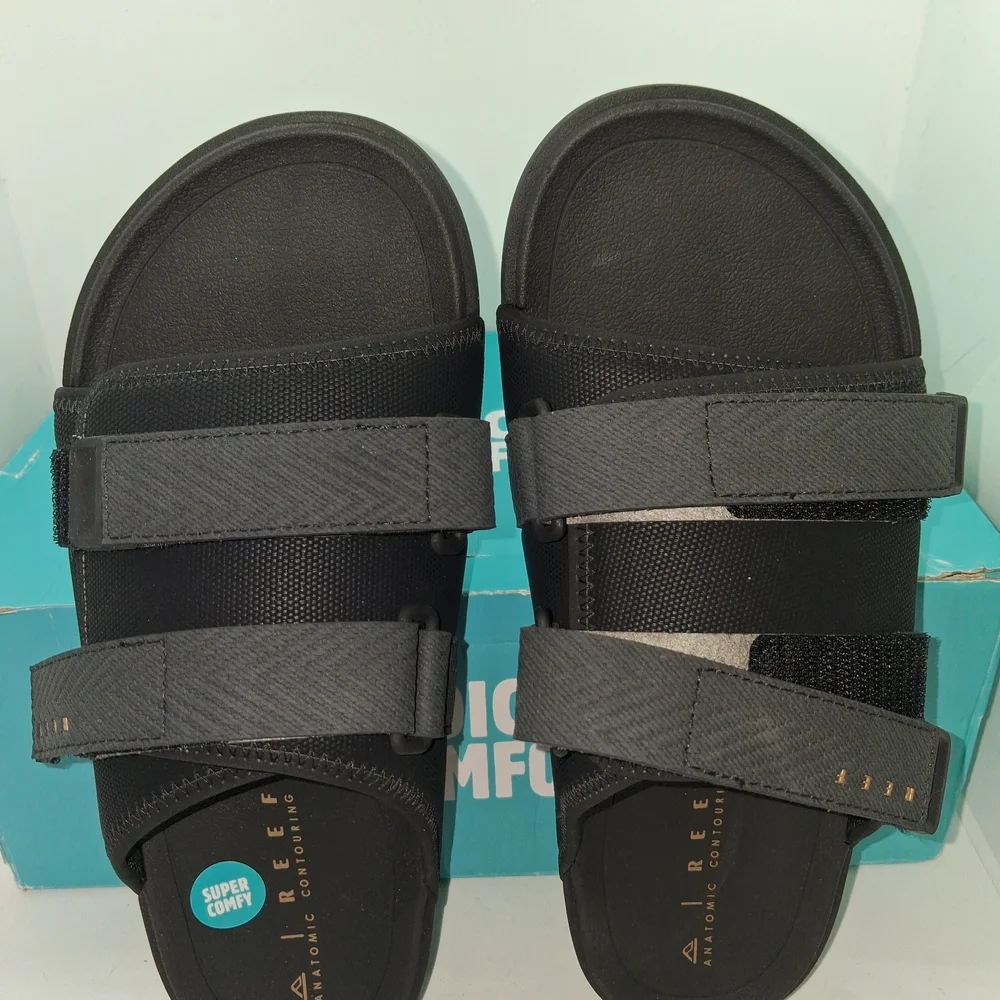 Reef Men's Black and Dark Gray Strapped Slide Sandals